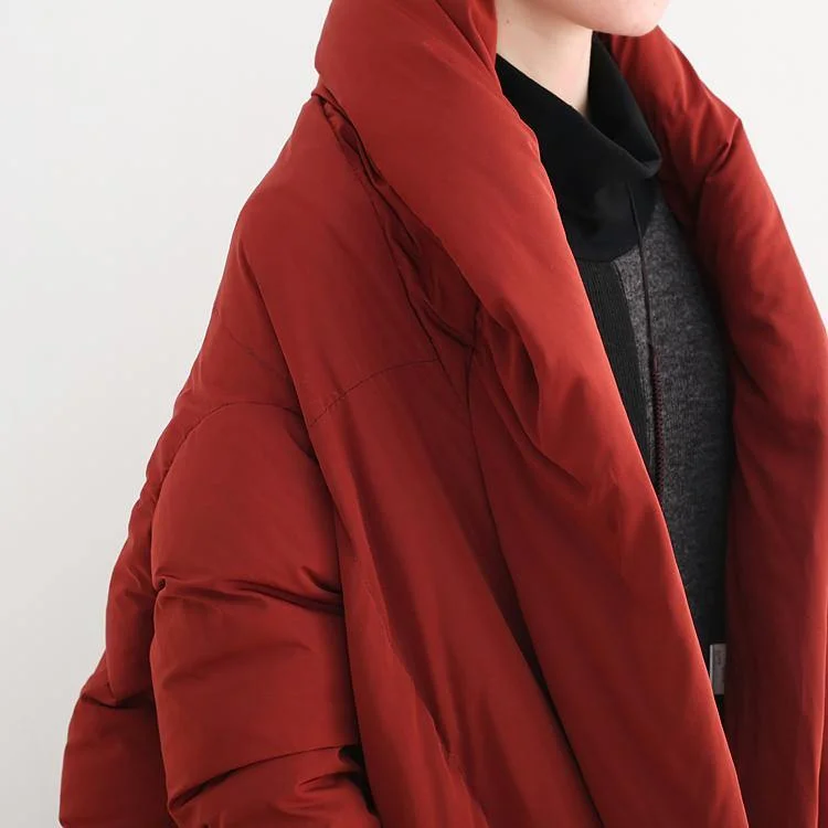 Fine red quilted coat plus size high neck pockets quilted coat Casual asymmetric trench coat