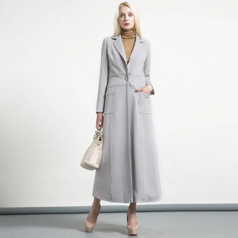 gray autumn winter cotton slim fit long coat elegant women lapel collar trench coats