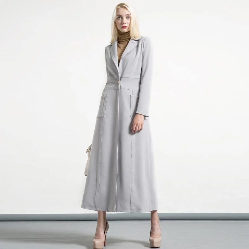 gray autumn winter cotton slim fit long coat elegant women lapel collar trench coats