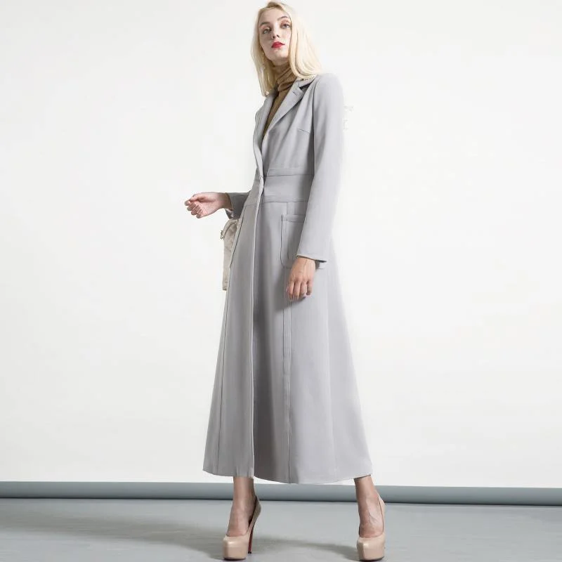 gray autumn winter cotton slim fit long coat elegant women lapel collar trench coats