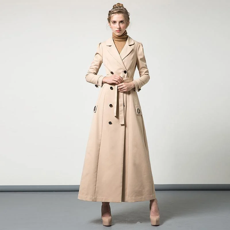 khaki solid color cotton long coat long sleeve tie waist elegant maxi trench coats