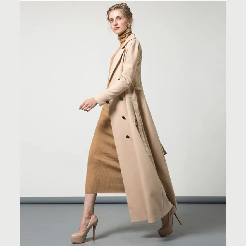 khaki solid color cotton long coat long sleeve tie waist elegant maxi trench coats