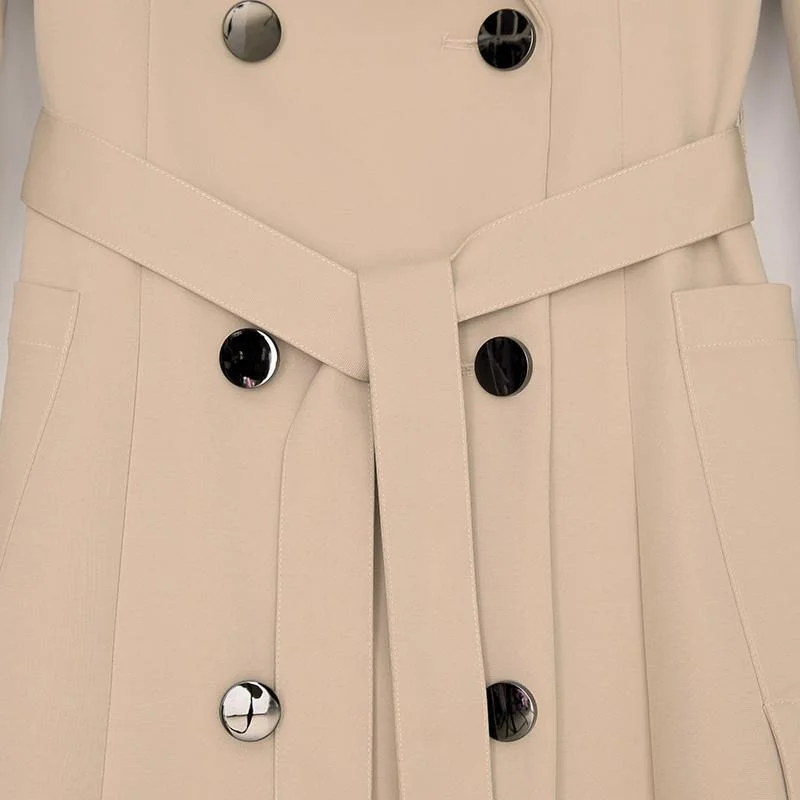 khaki solid color cotton long coat long sleeve tie waist elegant maxi trench coats