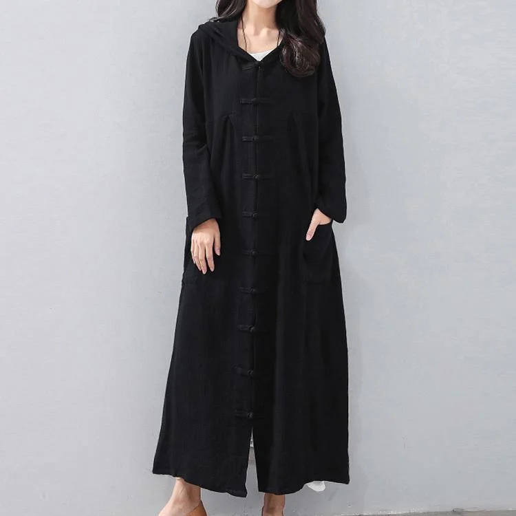 Luxury black Winter coat casual hooded trench coat Fine Chinese Button Coat