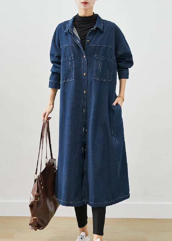 Navy Denim Trench Coats Oversized Pockets Fall