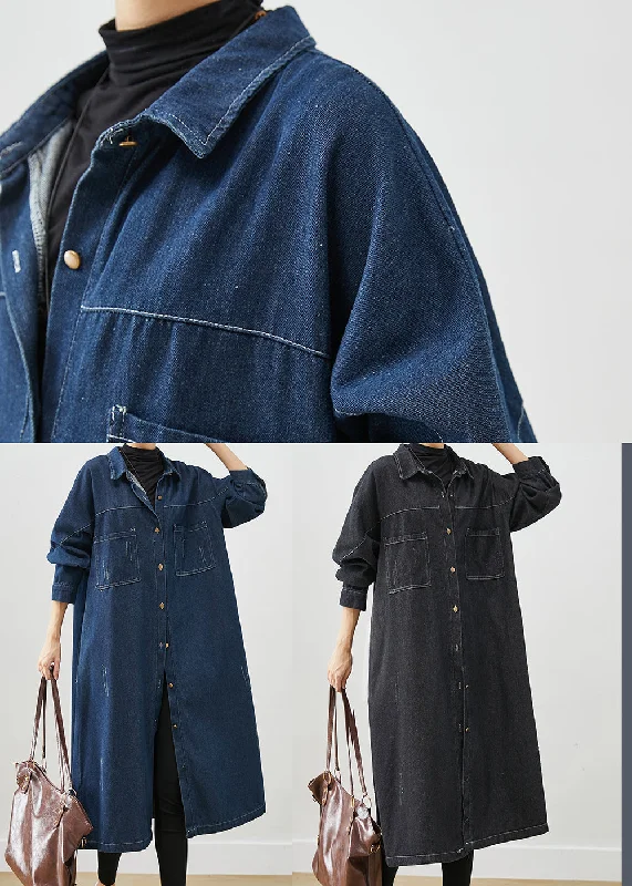 Navy Denim Trench Coats Oversized Pockets Fall