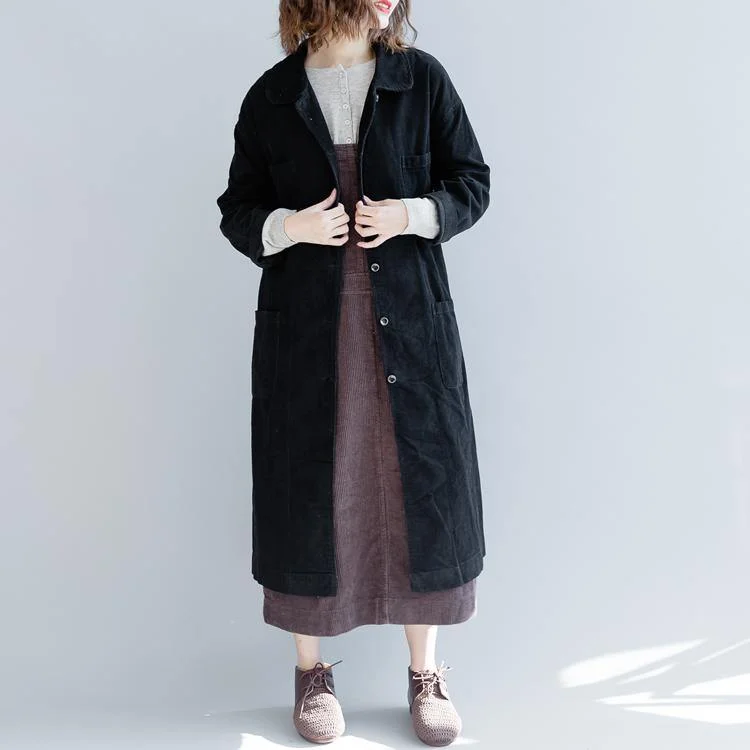 New black coats plus size tie waist cotton Coat Fine pockets trench coat