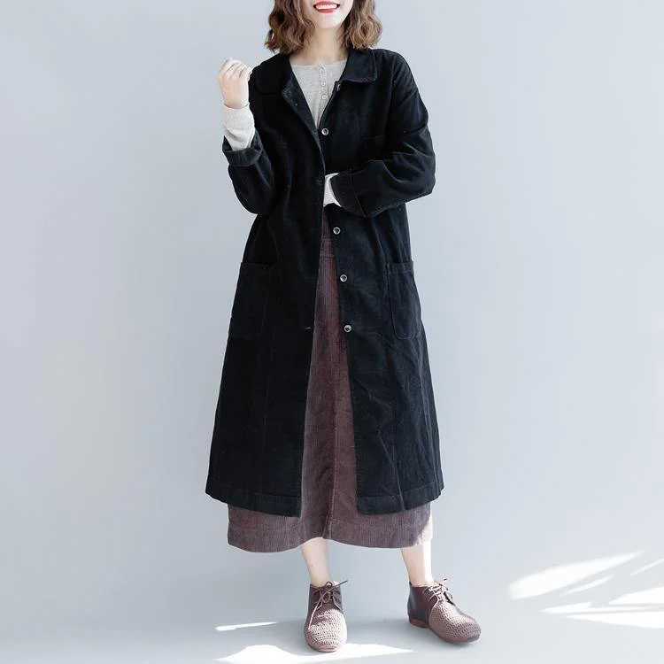 New black coats plus size tie waist cotton Coat Fine pockets trench coat