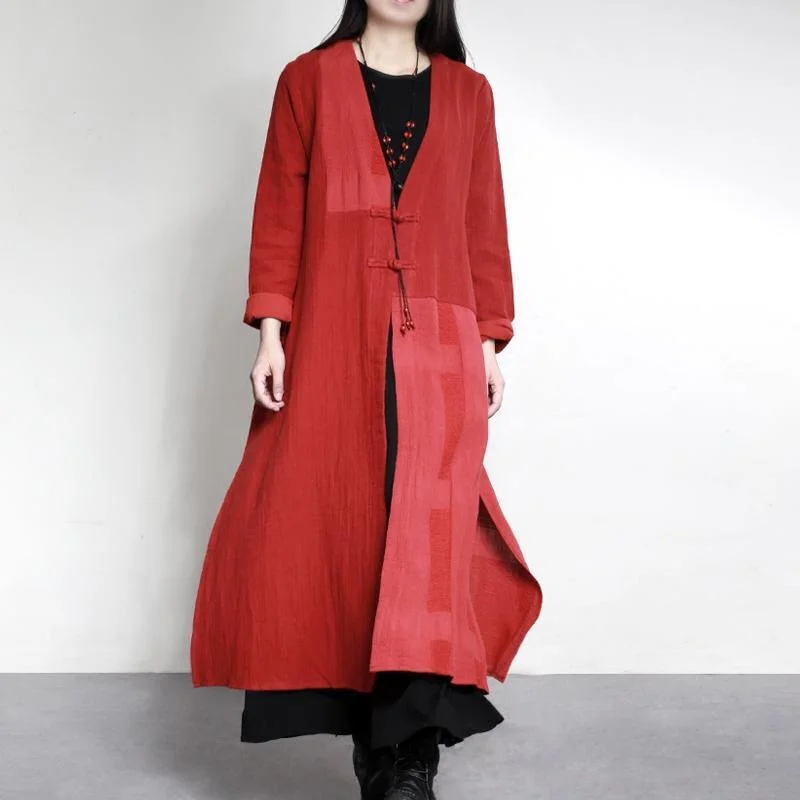 new vintage red patchwork maxi cardigans plus size Chinese Button casual trench coats