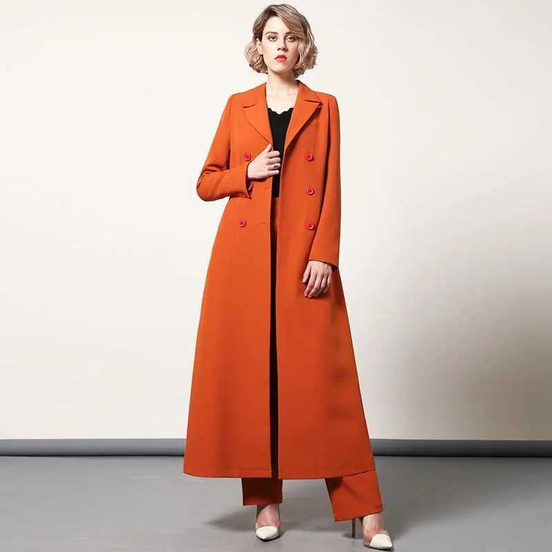 orange elegant tunic cotton blended trench coats lapel tie waist women outwear