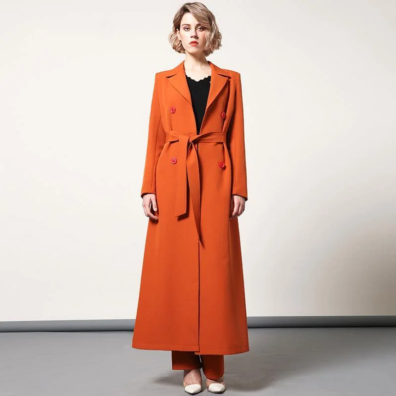 orange elegant tunic cotton blended trench coats lapel tie waist women outwear