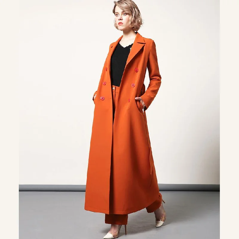 orange elegant tunic cotton blended trench coats lapel tie waist women outwear