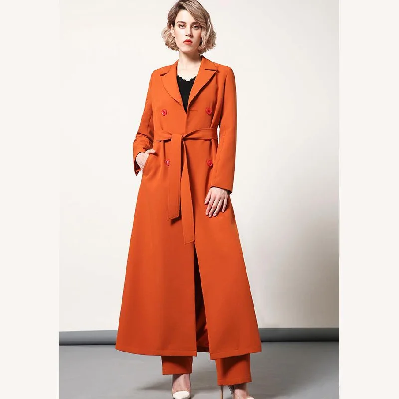 orange elegant tunic cotton blended trench coats lapel tie waist women outwear