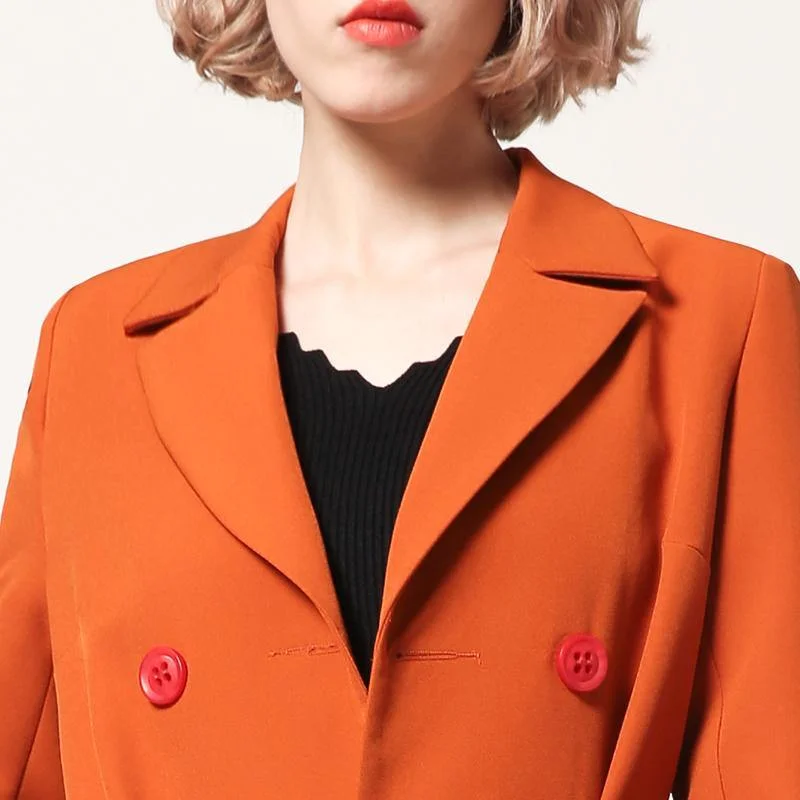 orange elegant tunic cotton blended trench coats lapel tie waist women outwear