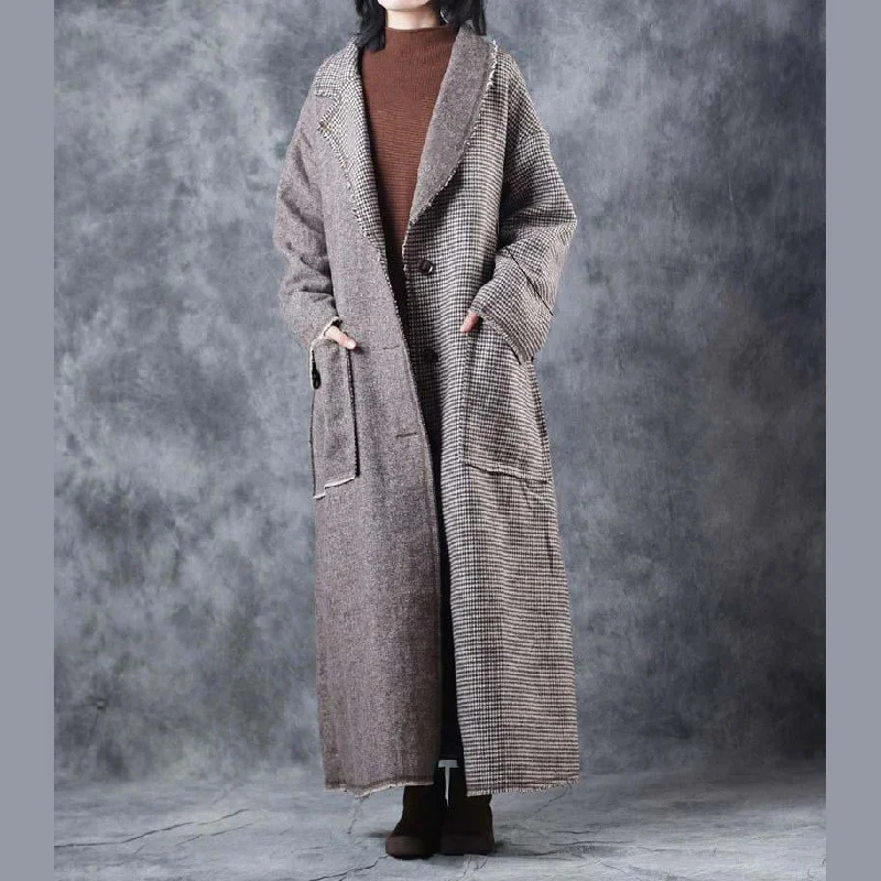 Plaid woolen coats casual Turn-down Collar long coat New tie waist pockets trench coat