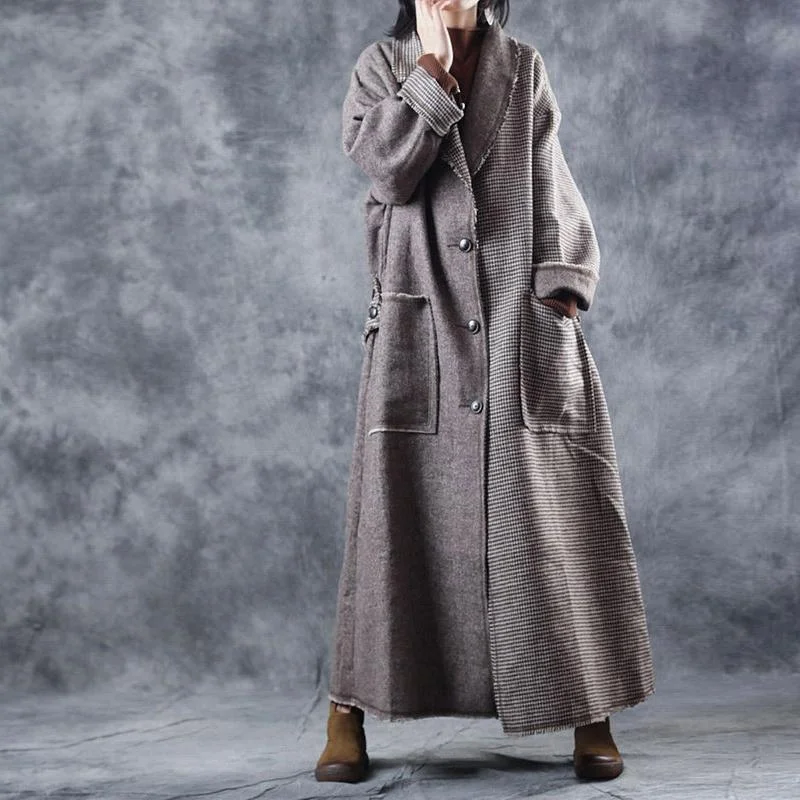 Plaid woolen coats casual Turn-down Collar long coat New tie waist pockets trench coat