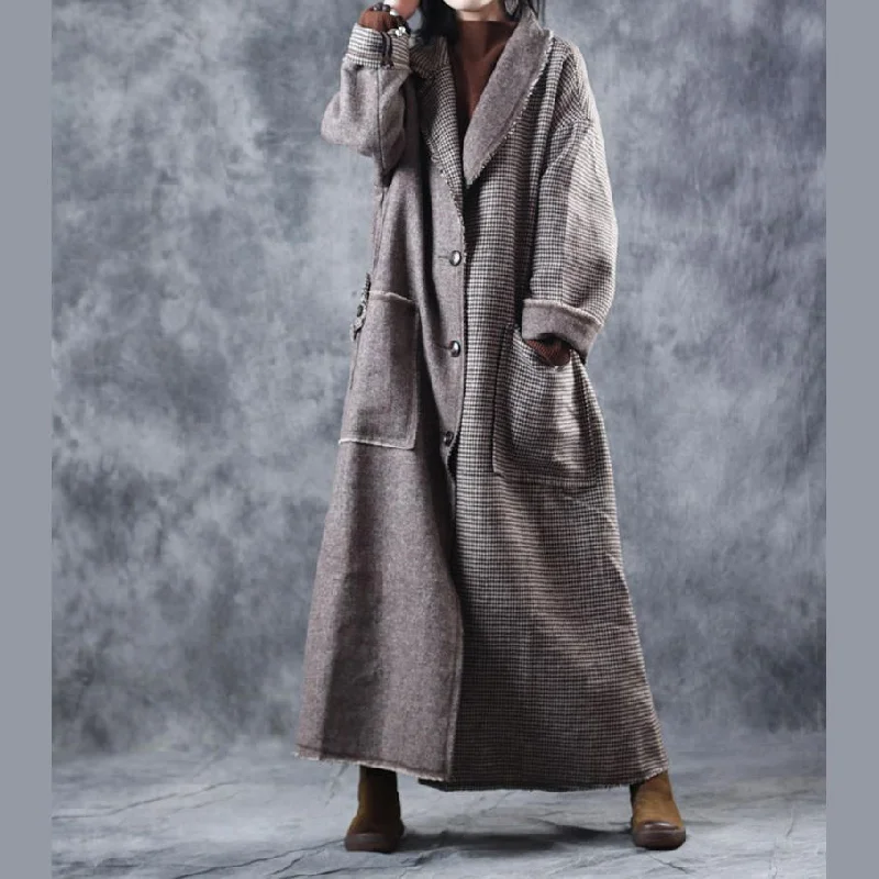 Plaid woolen coats casual Turn-down Collar long coat New tie waist pockets trench coat