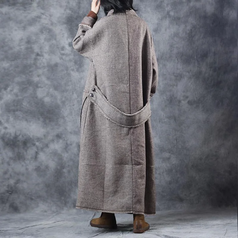 Plaid woolen coats casual Turn-down Collar long coat New tie waist pockets trench coat