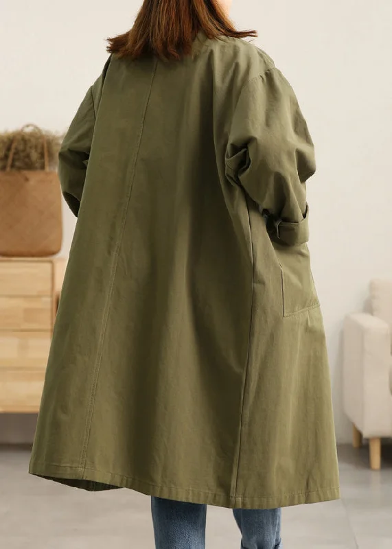 Plus Size Green Peter Pan Collar Button Pockets Cotton Trench Coats Long Sleeve