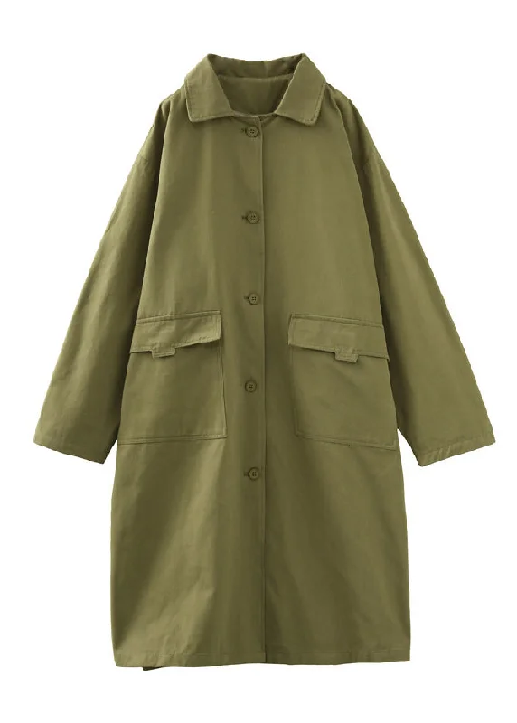 Plus Size Green Peter Pan Collar Button Pockets Cotton Trench Coats Long Sleeve