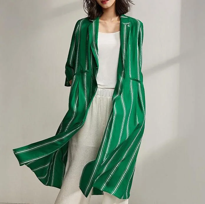 Simple clothes Indian Spring Stripe Cardigan Plus Size Green Trench Coat