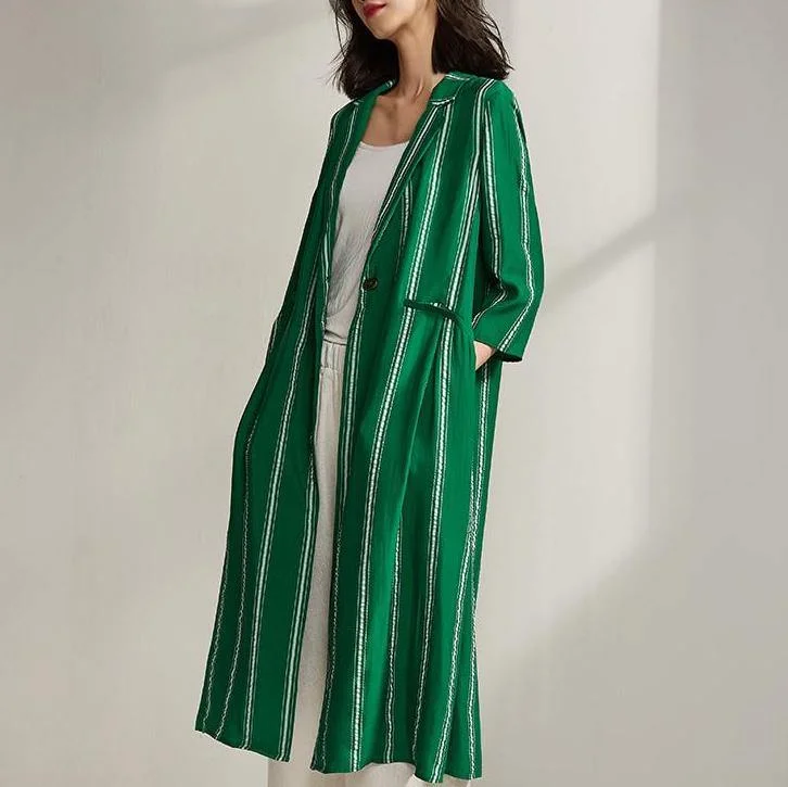 Simple clothes Indian Spring Stripe Cardigan Plus Size Green Trench Coat