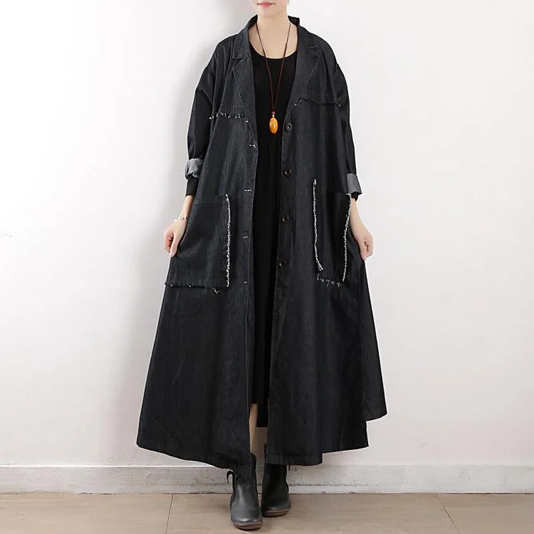 top quality black cotton overcoat oversize long coats fall trench coats big pockets