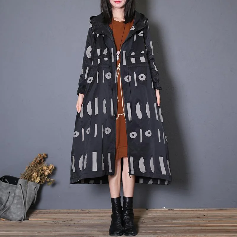 top quality black prints hooded coat oversized trench coat fall drawstring