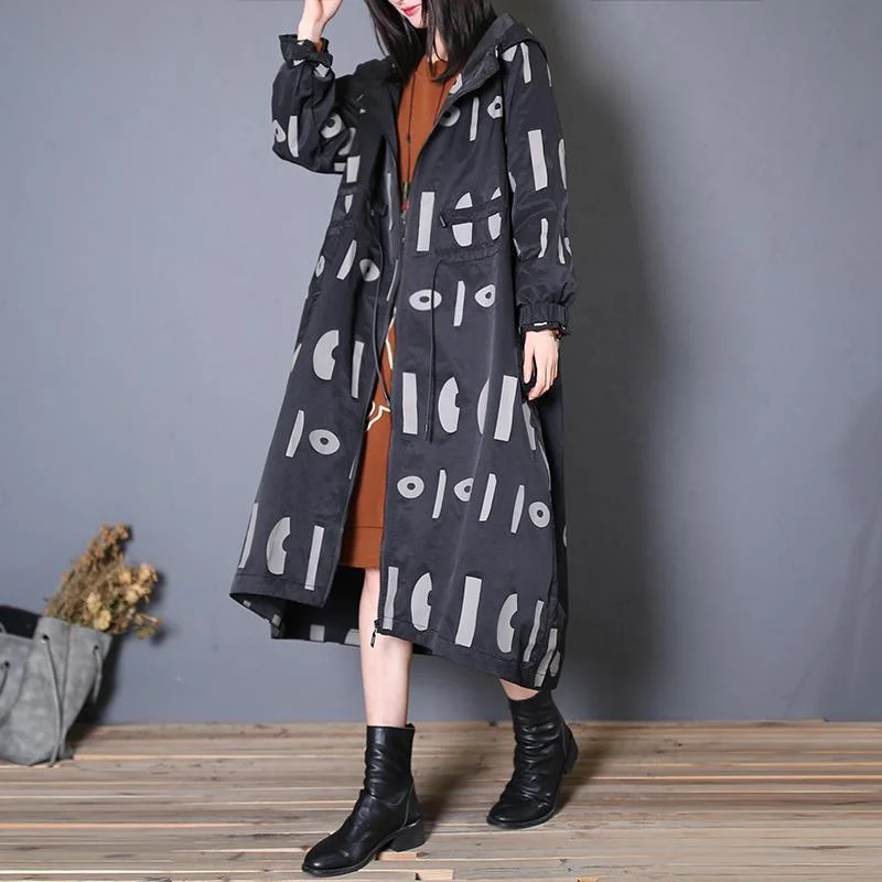 top quality black prints hooded coat oversized trench coat fall drawstring