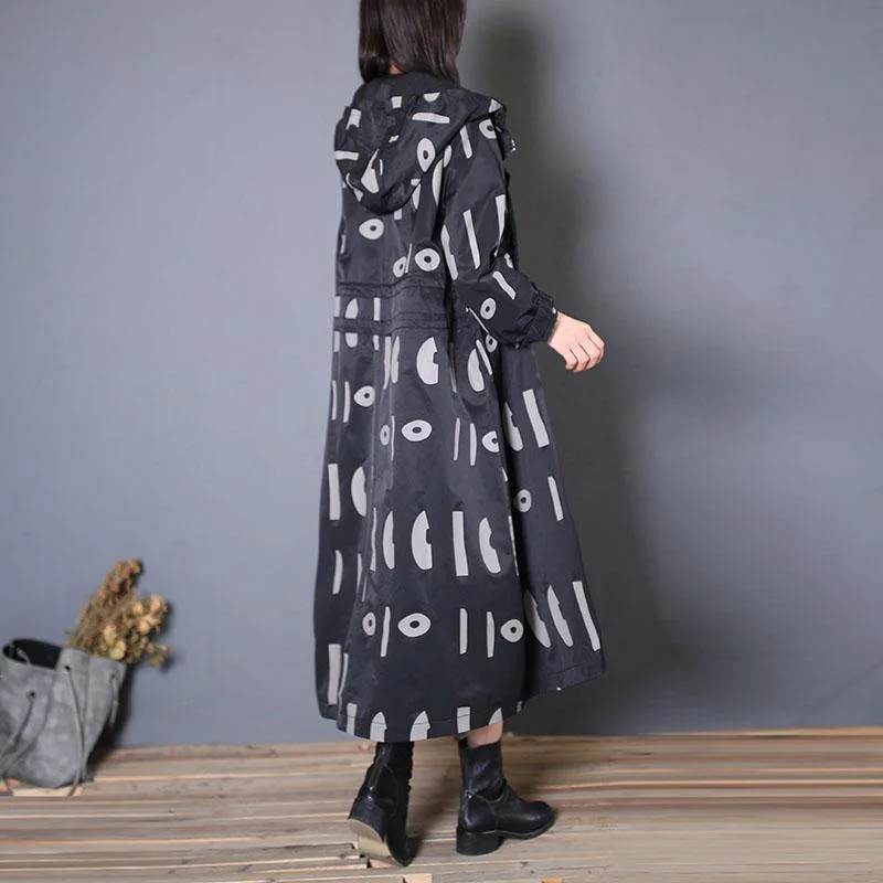 top quality black prints hooded coat oversized trench coat fall drawstring