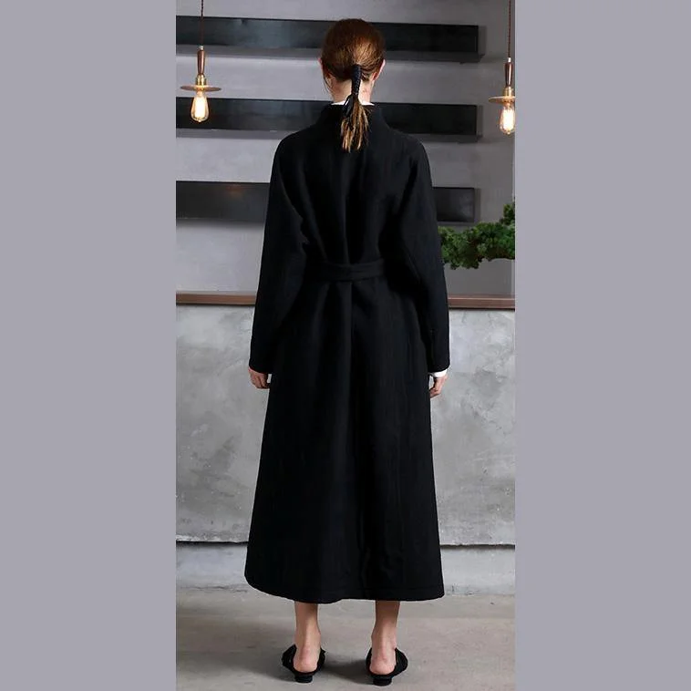 vintage black Woolen Women oversize trench coat V neck wrinkled  jacket embroidery tie waist Coat