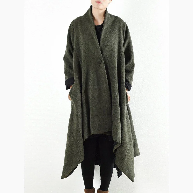 winter blackish green casual woolen outfits oversize asymmetric warm trench coats