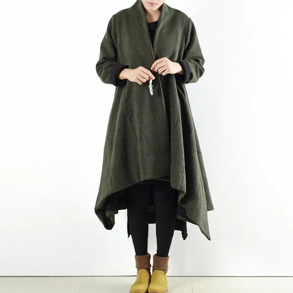 winter blackish green casual woolen outfits oversize asymmetric warm trench coats