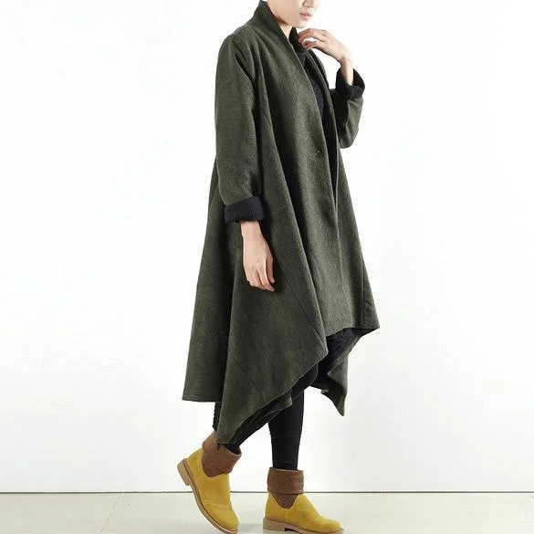 winter blackish green casual woolen outfits oversize asymmetric warm trench coats