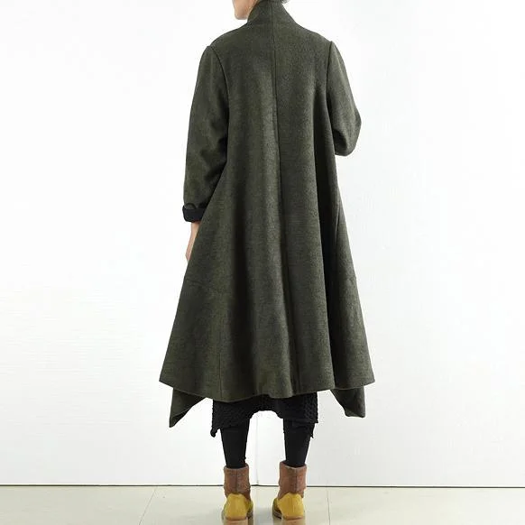 winter blackish green casual woolen outfits oversize asymmetric warm trench coats