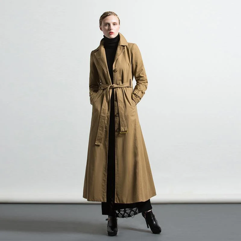 winter khaki cotton coats loose tie waist long sleeve trench coats