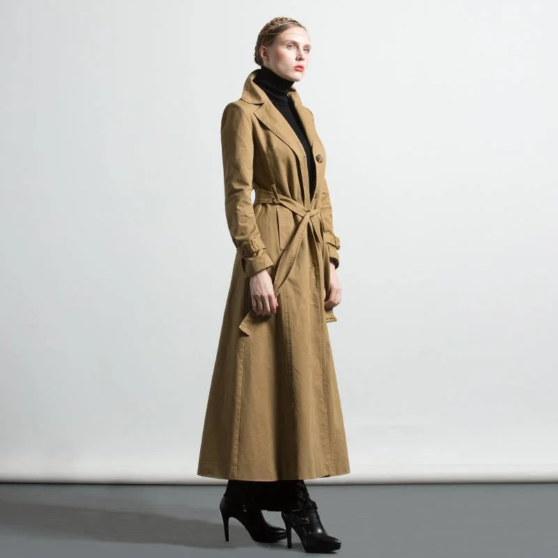 winter khaki cotton coats loose tie waist long sleeve trench coats