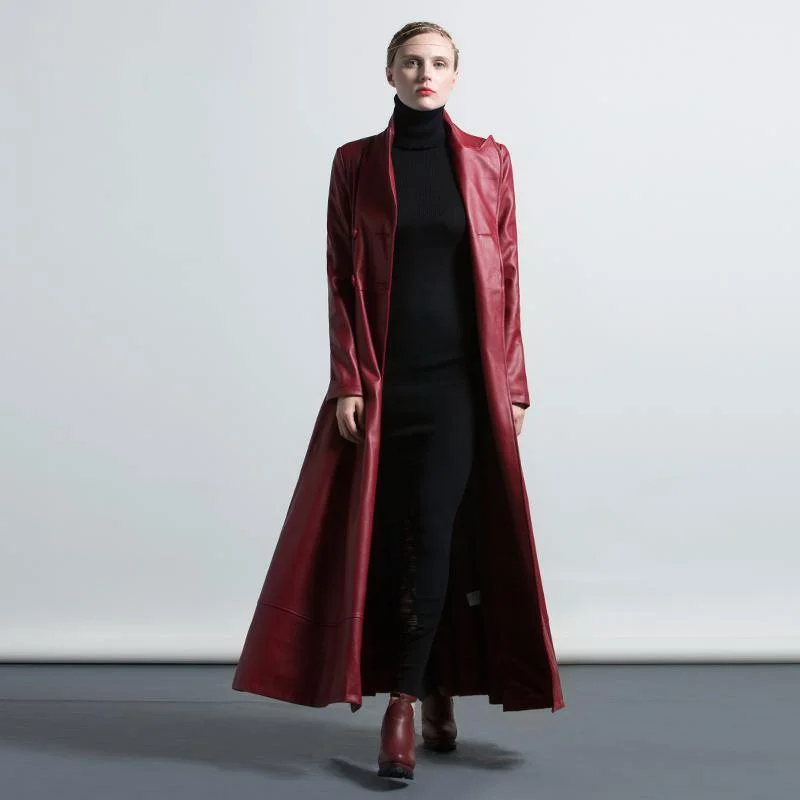 winter red PU solid color warm long  coats double breast elegant maxi trench coat