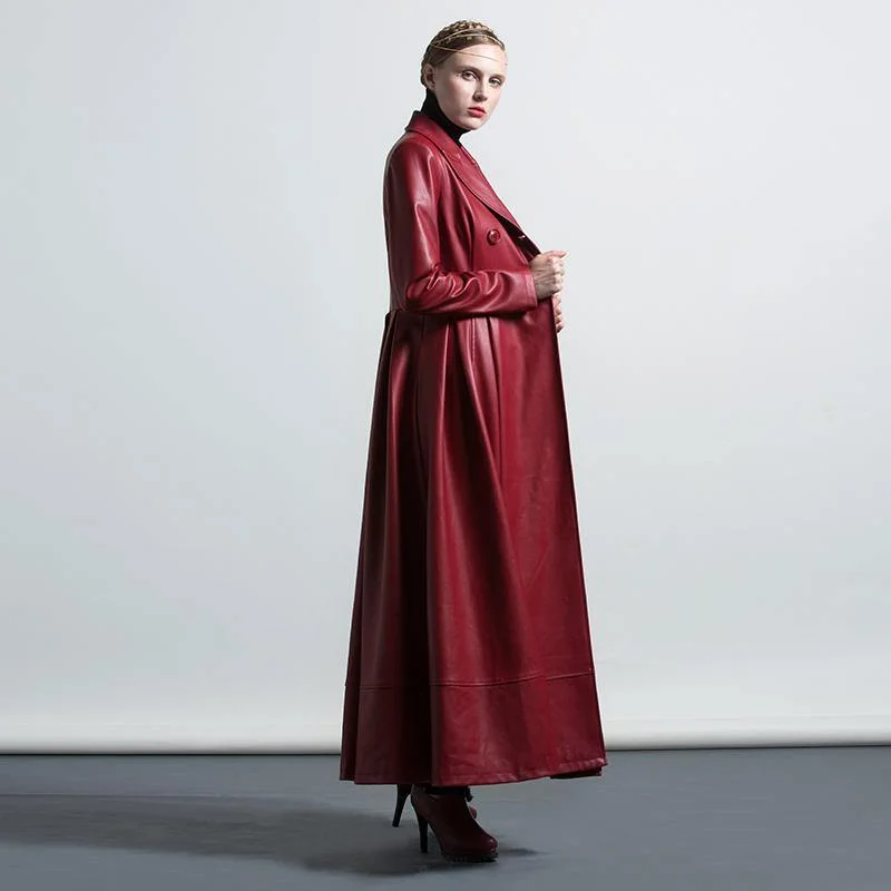 winter red PU solid color warm long  coats double breast elegant maxi trench coat