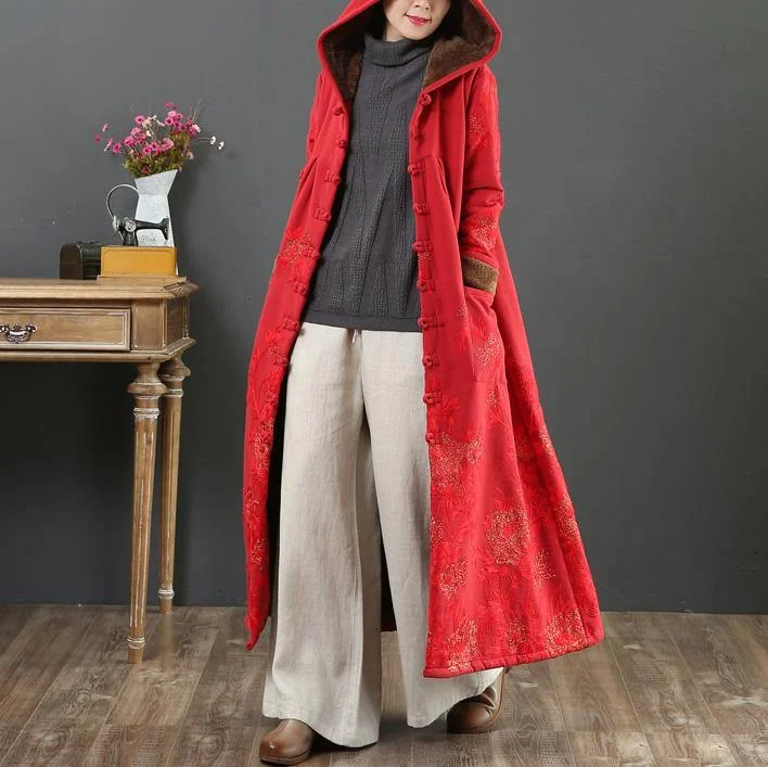 Women embroidery Fine hooded trench coat red short outwears