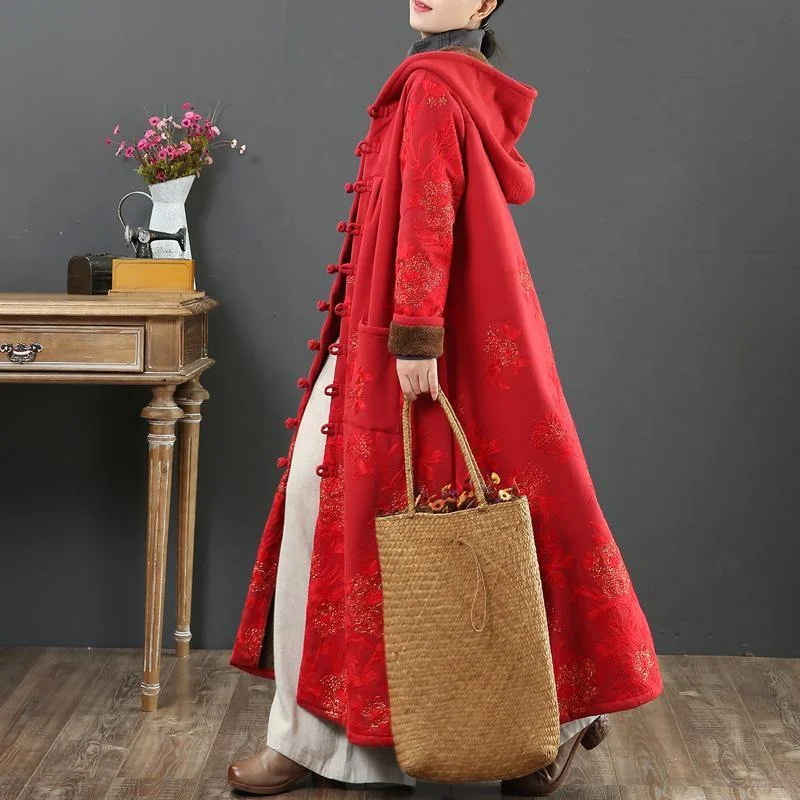 Women embroidery Fine hooded trench coat red short outwears