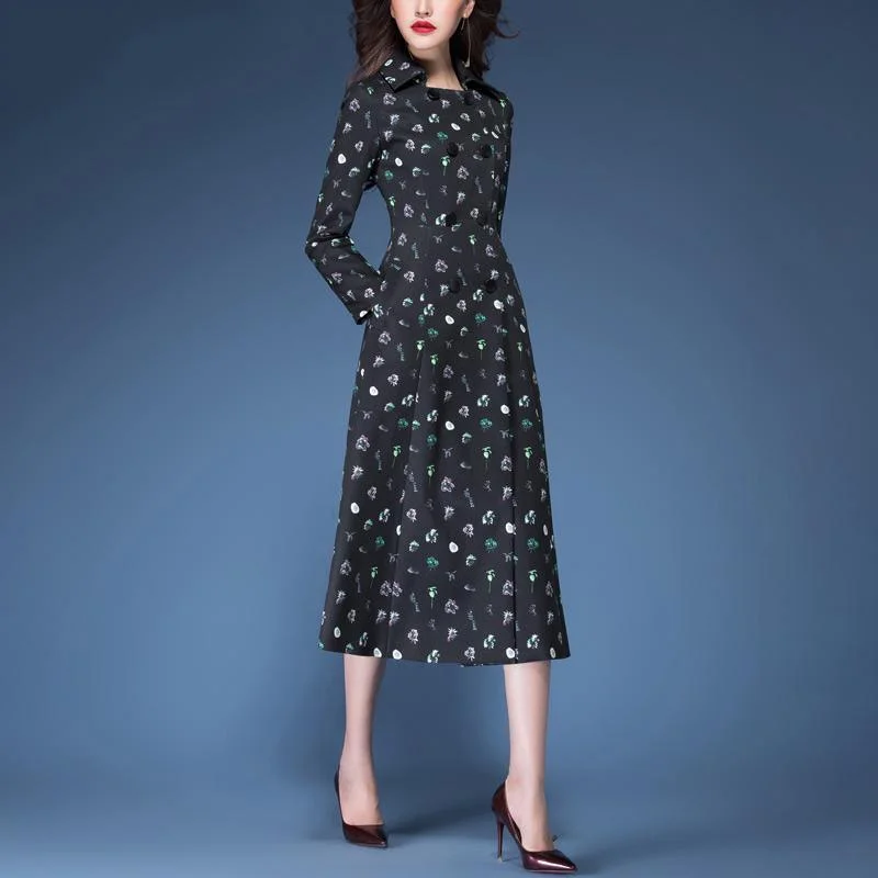 women new prints cotton blended trench coats slim fit double breast elegant coat