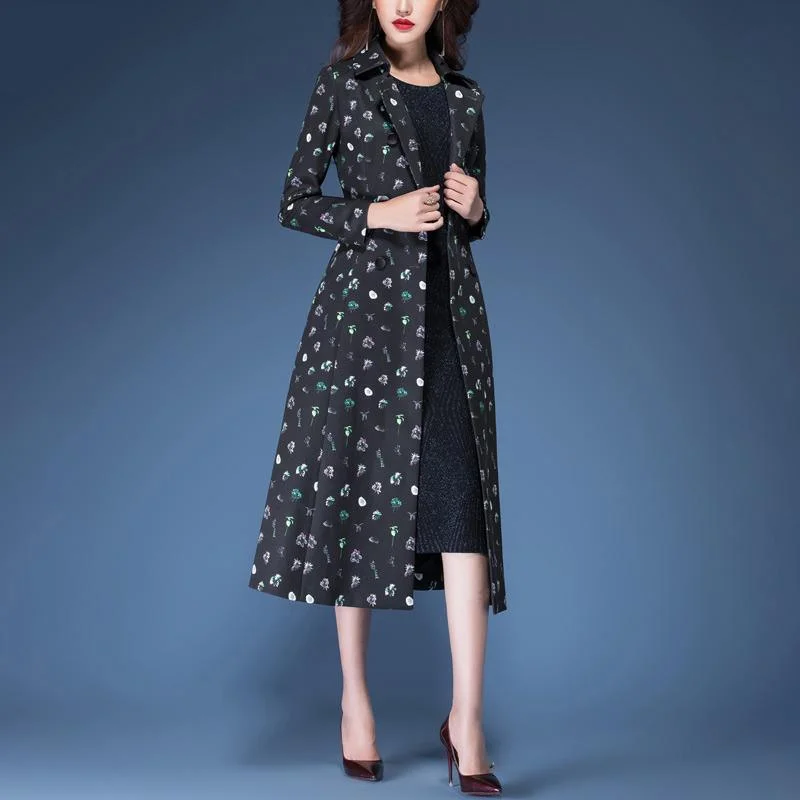 women new prints cotton blended trench coats slim fit double breast elegant coat