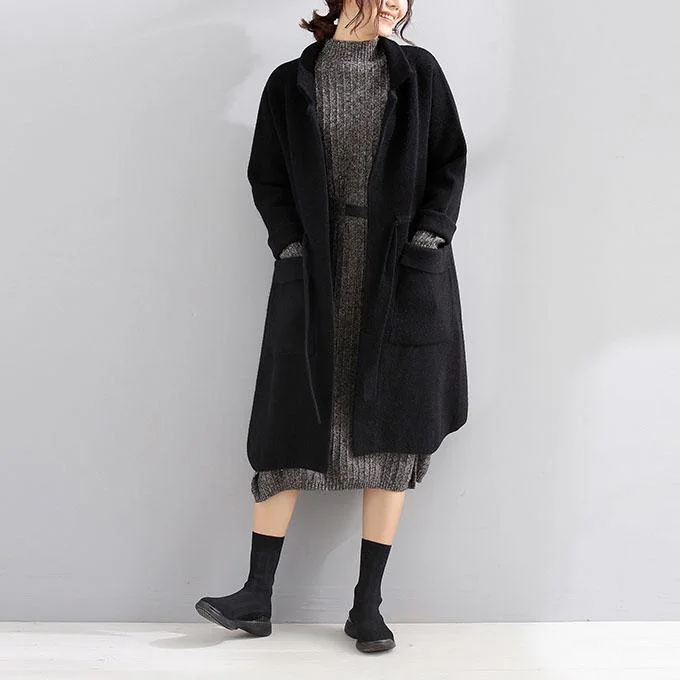 women plus size trench coat fall coats black Square Collar tie waist wool coat