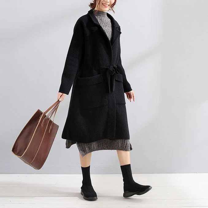 women plus size trench coat fall coats black Square Collar tie waist wool coat