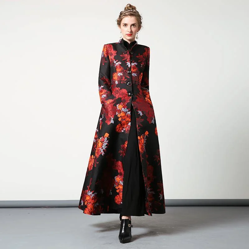 women red floral vintage cotton blended long coats large hem stand collar slim fit maxi trench coat