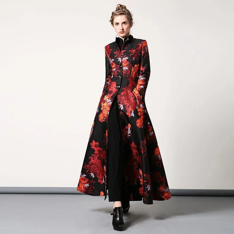 women red floral vintage cotton blended long coats large hem stand collar slim fit maxi trench coat