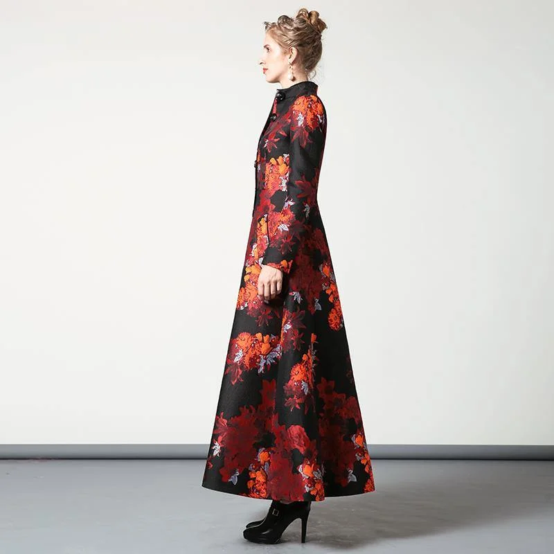 women red floral vintage cotton blended long coats large hem stand collar slim fit maxi trench coat