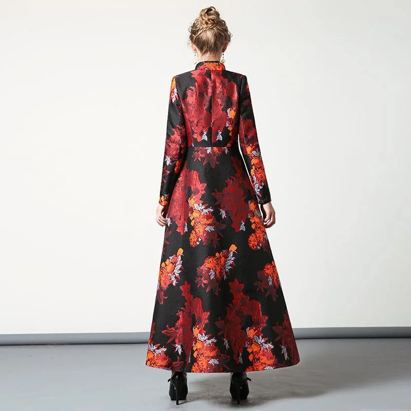 women red floral vintage cotton blended long coats large hem stand collar slim fit maxi trench coat