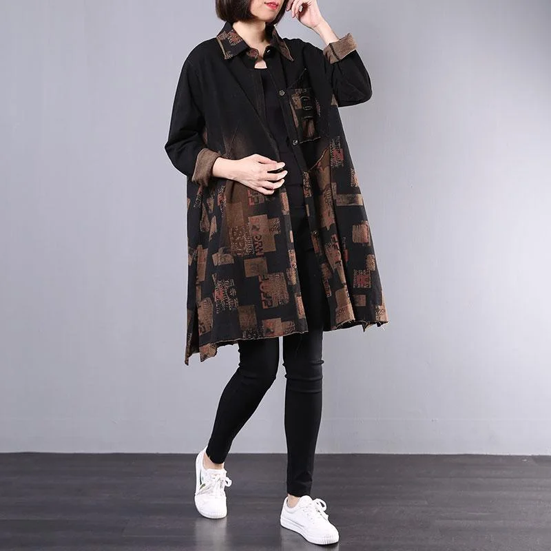 Women side open cotton clothes For Women pattern black prints trench coats fall